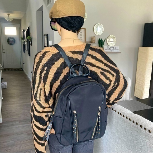 COPY - 💋 Black gold studded backpack shoulder bag purse 👛 Nylon NWOT - Picture 1 of 10